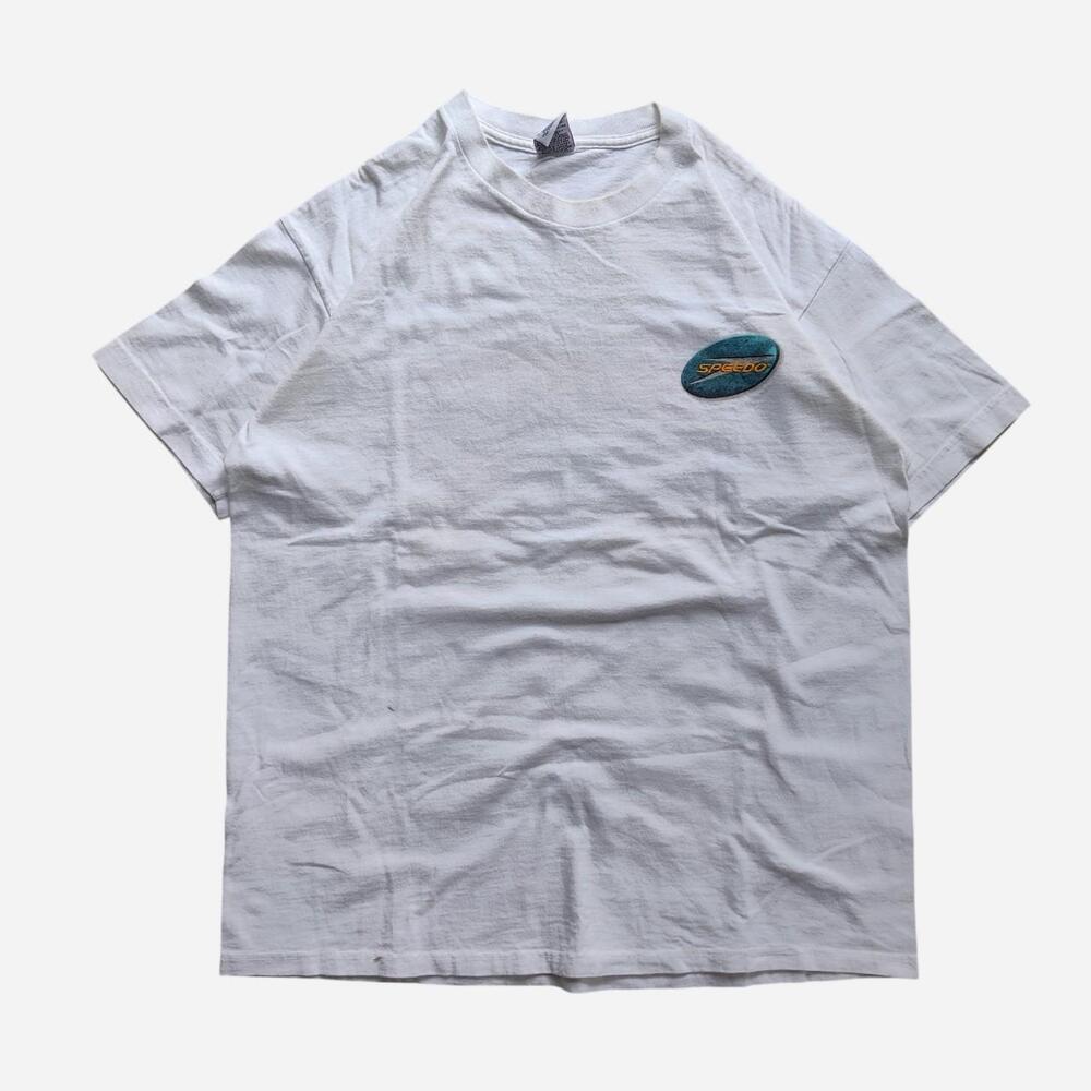 Vintage 90s Speedo white t-shirt with blue graphic oval logo